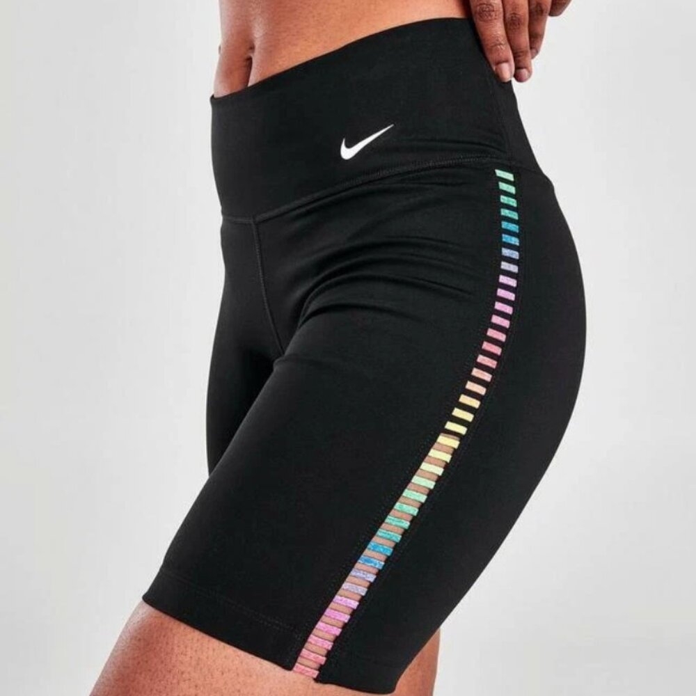 NIKE Women's One Sz S Rainbow High Waisted Ladder Leggings Shorts Black Pride